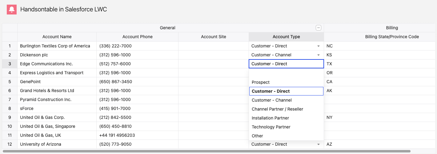 Account records rendered in the grid with grouped Billing and Shipping headers and a picklist dropdown open in a cell