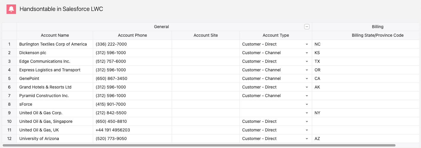 Handsontable running as a Lightning Web Component on a Salesforce Lightning app page, showing Account records with grouped columns